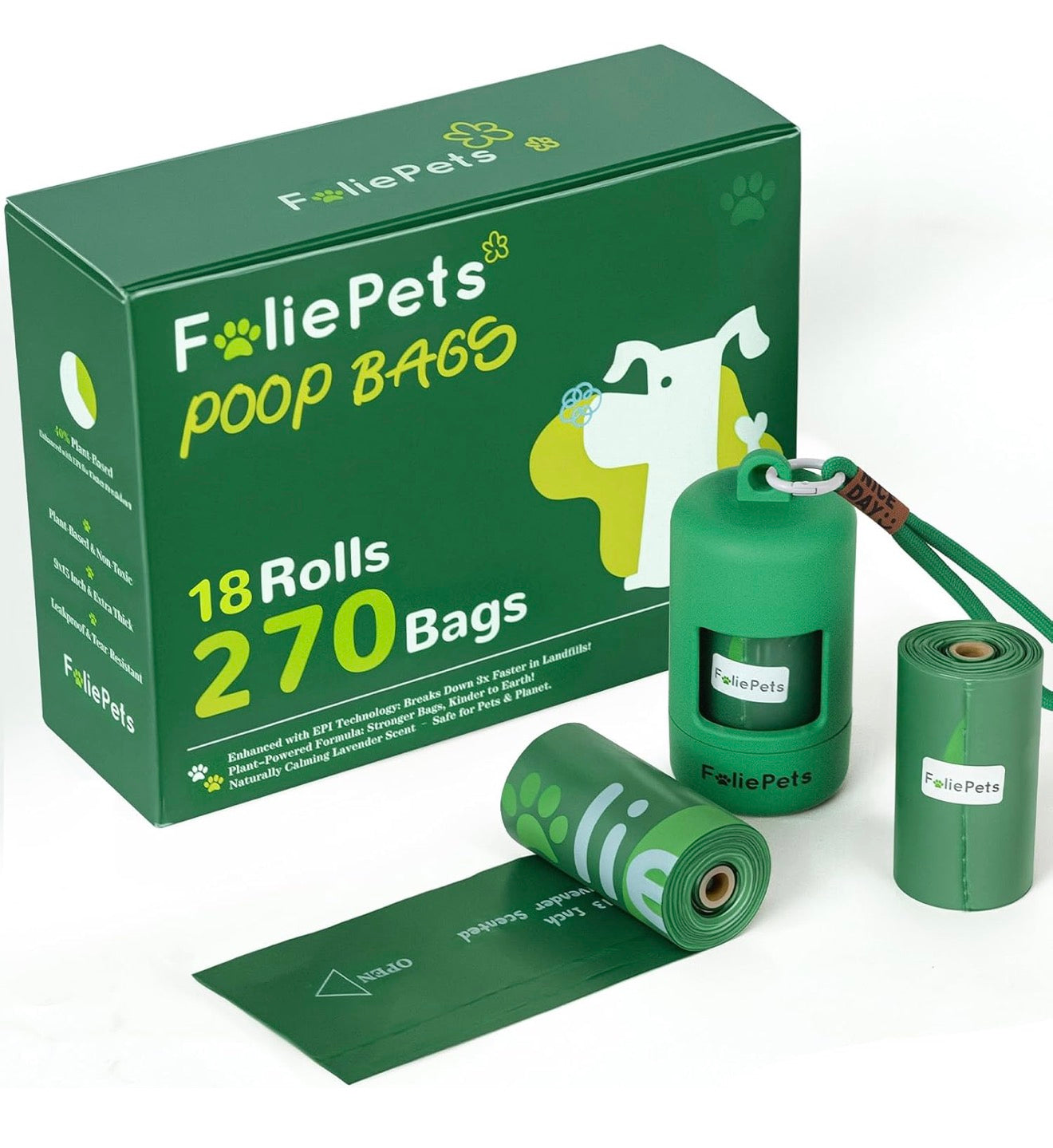 FoliePets Poop Bags for Dogs - 40% Plant-Based, Extra Thick 9x13 Inch Dog Poop Bags Rolls，Leakproof Waste Bags (270 Counts with Dispenser)