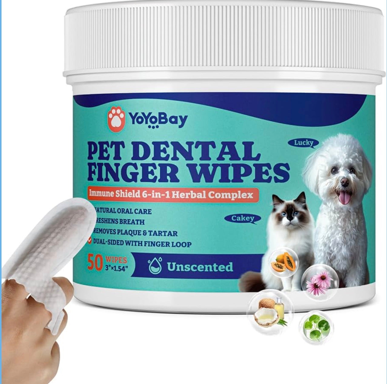 Yoyo bay Dog Teeth Cleaning Wipes, Pet Finger Dental Wipes for Dogs & Cats, Dual-Sided, 6-in-1 Herbal Formula, Remove Plaque & Tartar, Freshen Breath, No-Rinse Toothbrushing Wipes - 50 PCS, Unflavored