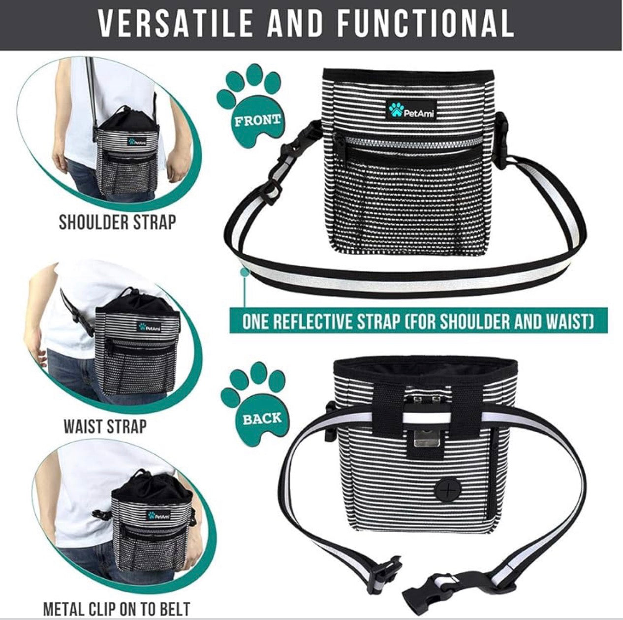 PetAmi Dog Treat Pouch, for Training, Dog Walking , Pet Food,Toys, Dog Trainer Essentials Supplies, Poop Bag Dispenser, 3 Ways to Wear (Black Stripes)