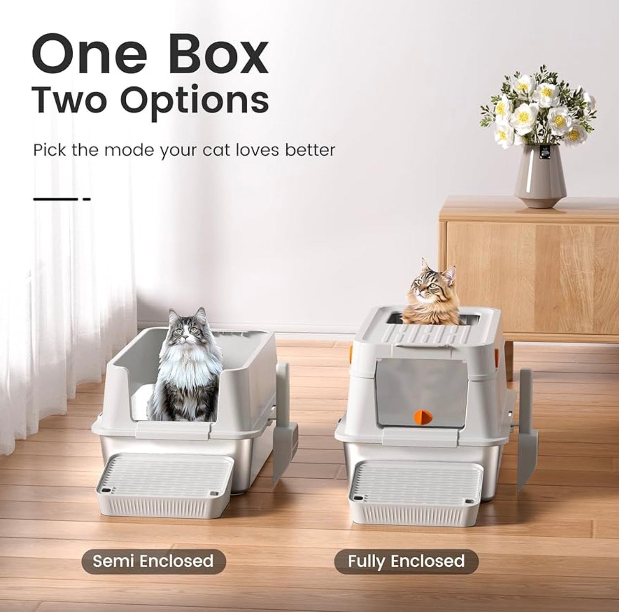 XL Stainless Steel Cat Litter Box with Easy-Open Lid, Enclosed Metal Litter Box for Big Cats, Front Entry & Top Exit, High Sided, Anti-Leak, Non-Stick, Easy to Clean, Includes Scoop