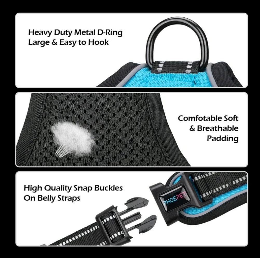 PHOEPET No Pull Dog Harness Medium Reflective Front Clip Vest with Handle, Adjustable 2 Metal Rings 2 Buckles,Grey