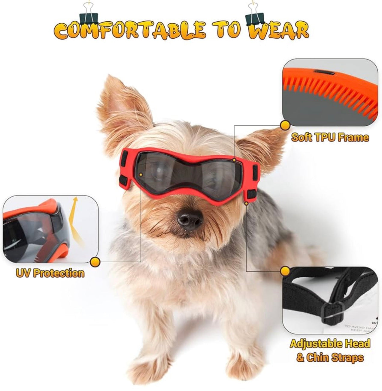 PETLESO Dog Goggles Small Breed, Dog Sunglasses UV Protection Puppy Eyewear for Small Pet Outdoor Riding Driving, Orange S