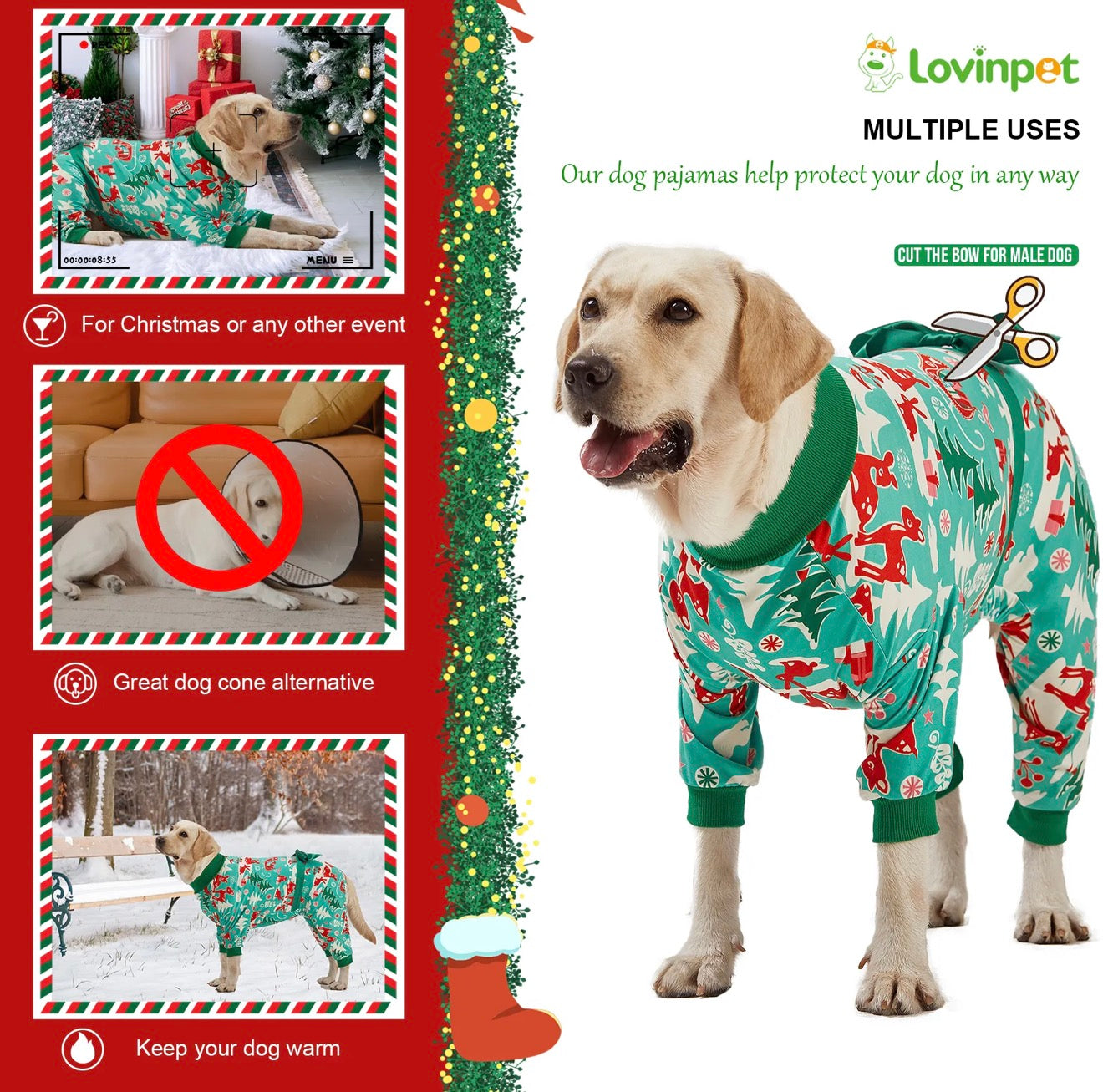 LovinPet Large Dog Pajamas Onesie - Reindeer and Green Christmas Bow Design for Big Breeds