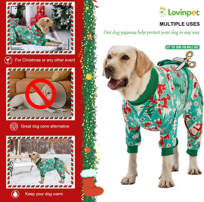 LovinPet Large Dog Pajamas Onesie - Reindeer and Green Christmas Bow Design for Big Breeds