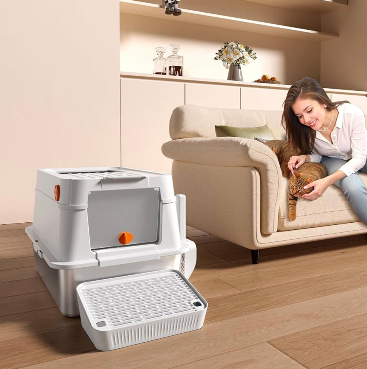 XL Stainless Steel Cat Litter Box with Easy-Open Lid, Enclosed Metal Litter Box for Big Cats, Front Entry & Top Exit, High Sided, Anti-Leak, Non-Stick, Easy to Clean, Includes Scoop