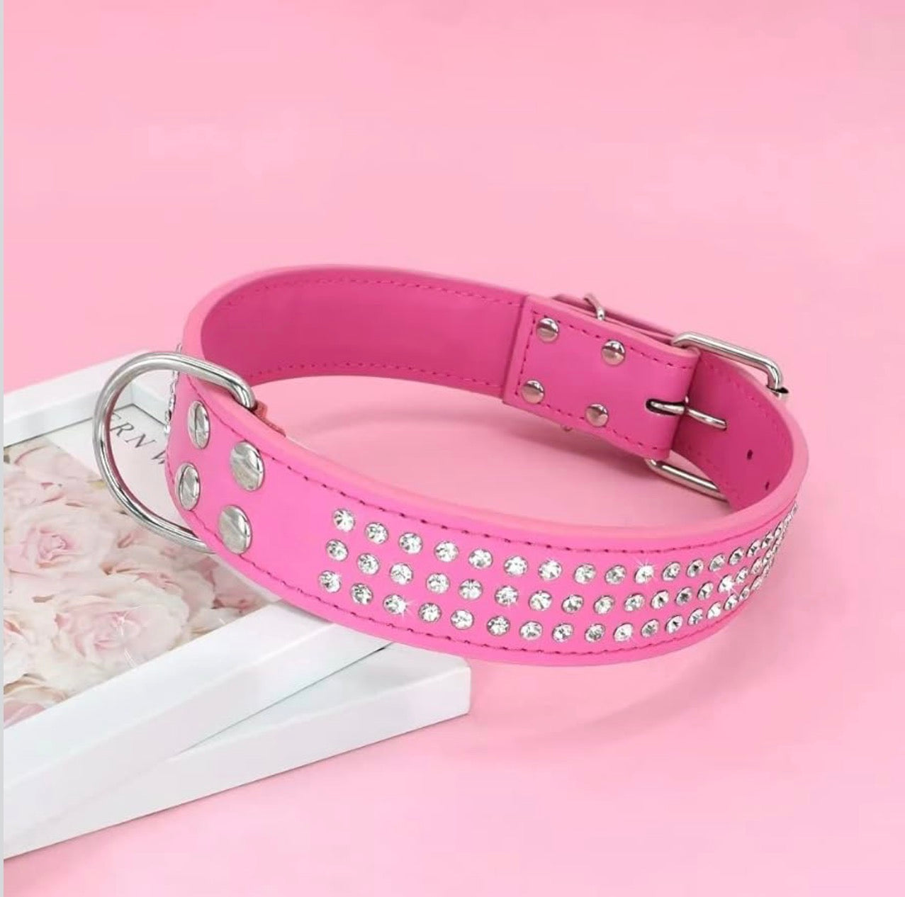 Berry Pet Rhinestones Dog Collars - 2" Width with 3 Rows Full Sparkly Crystal Diamonds Studded PU Leather -Beautiful Bling Pet Appearance for Medium & Large Dogs,17-20",Hot Pink