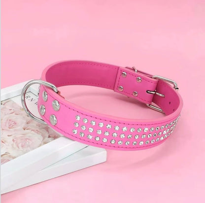 Berry Pet Rhinestones Dog Collars - 2" Width with 3 Rows Full Sparkly Crystal Diamonds Studded PU Leather -Beautiful Bling Pet Appearance for Medium & Large Dogs,17-20",Hot Pink
