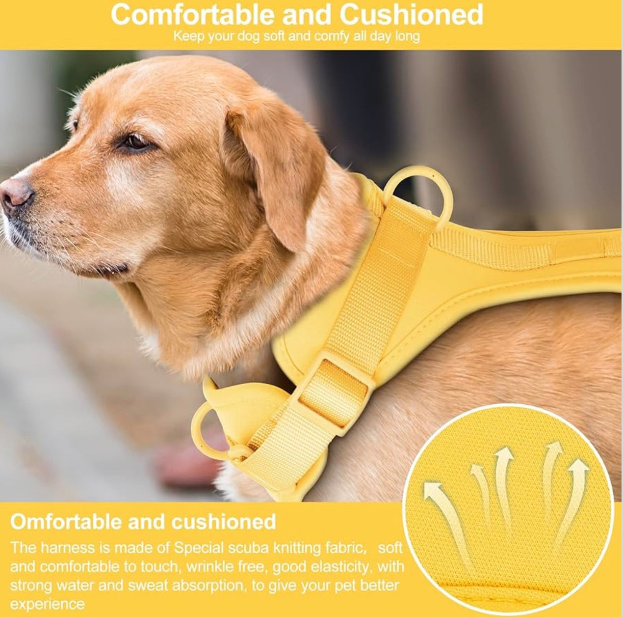 Wisedog No Pull Lightweight Dog Harness: Medium:Neck=13.5"-17.5"/Chest=20.5"-27.5" Adjustable Durable Breathable Mesh Pet Vest Harness with Soft & Comfortable Cushion, for Small Medium Large Dogs (Medium, Butter Yellow)