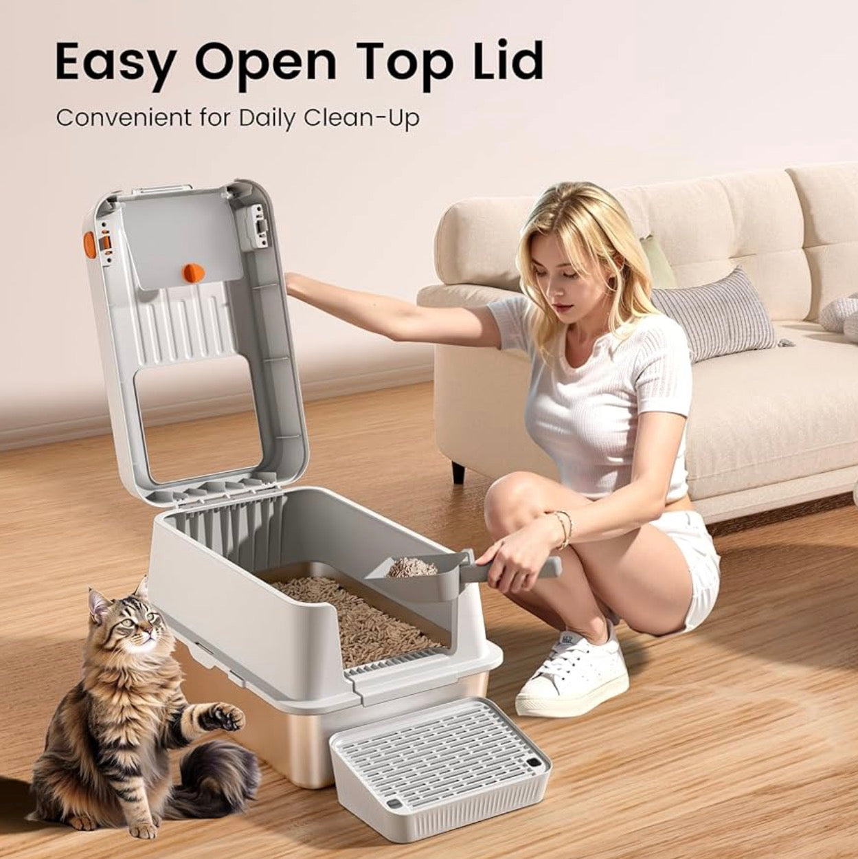 XL Stainless Steel Cat Litter Box with Easy-Open Lid, Enclosed Metal Litter Box for Big Cats, Front Entry & Top Exit, High Sided, Anti-Leak, Non-Stick, Easy to Clean, Includes Scoop