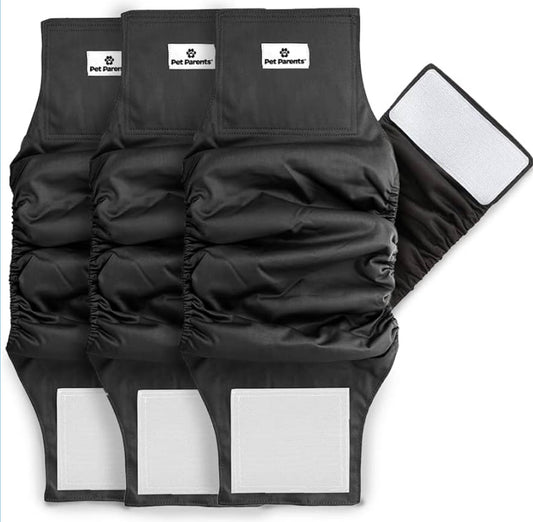 Pet Parents Washable Belly Bands for Male Dogs (3pack) + Extenders. Durable Dog Diapers Male (Black) Small (13-16")