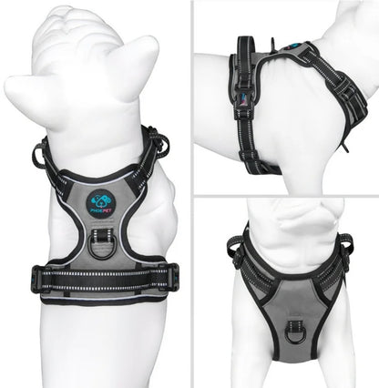 PHOEPET No Pull Dog Harness Medium Reflective Front Clip Vest with Handle, Adjustable 2 Metal Rings 2 Buckles,Grey