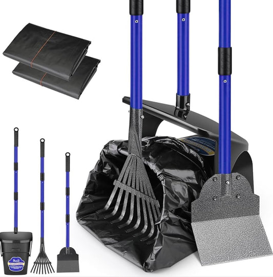 SlowTon Dog Pooper Scooper - 37.4" Long Handle Adjustable Metal Swivel Bin & Rake & Spade Kit with 20 Waste Bags