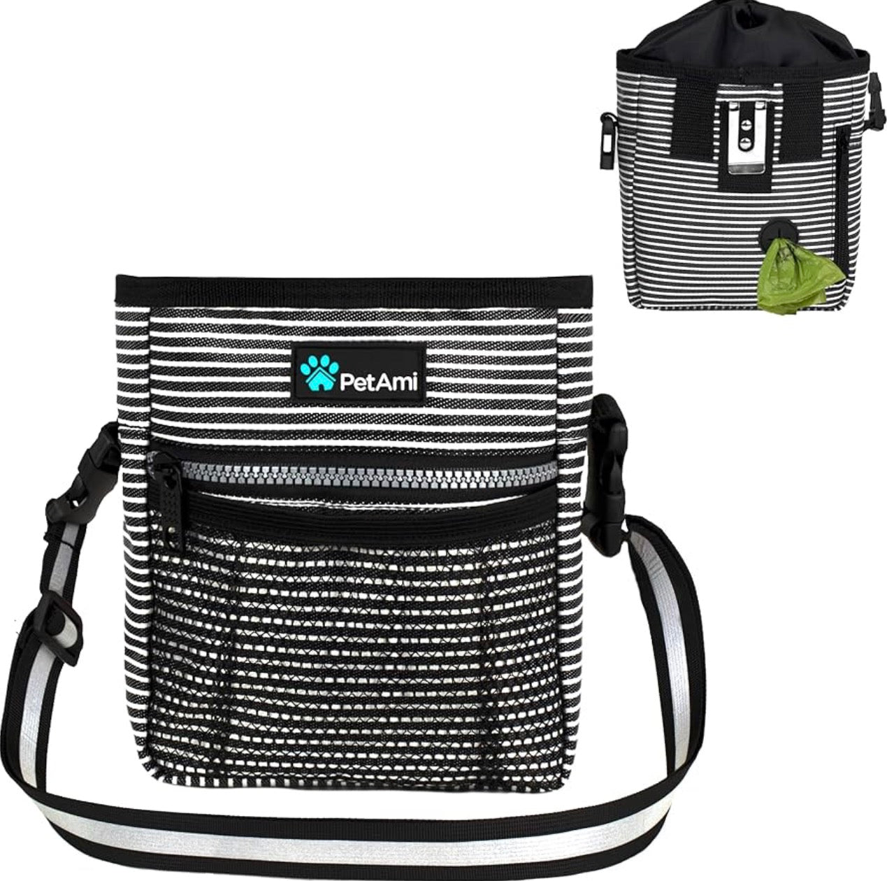 PetAmi Dog Treat Pouch, for Training, Dog Walking , Pet Food,Toys, Dog Trainer Essentials Supplies, Poop Bag Dispenser, 3 Ways to Wear (Black Stripes)
