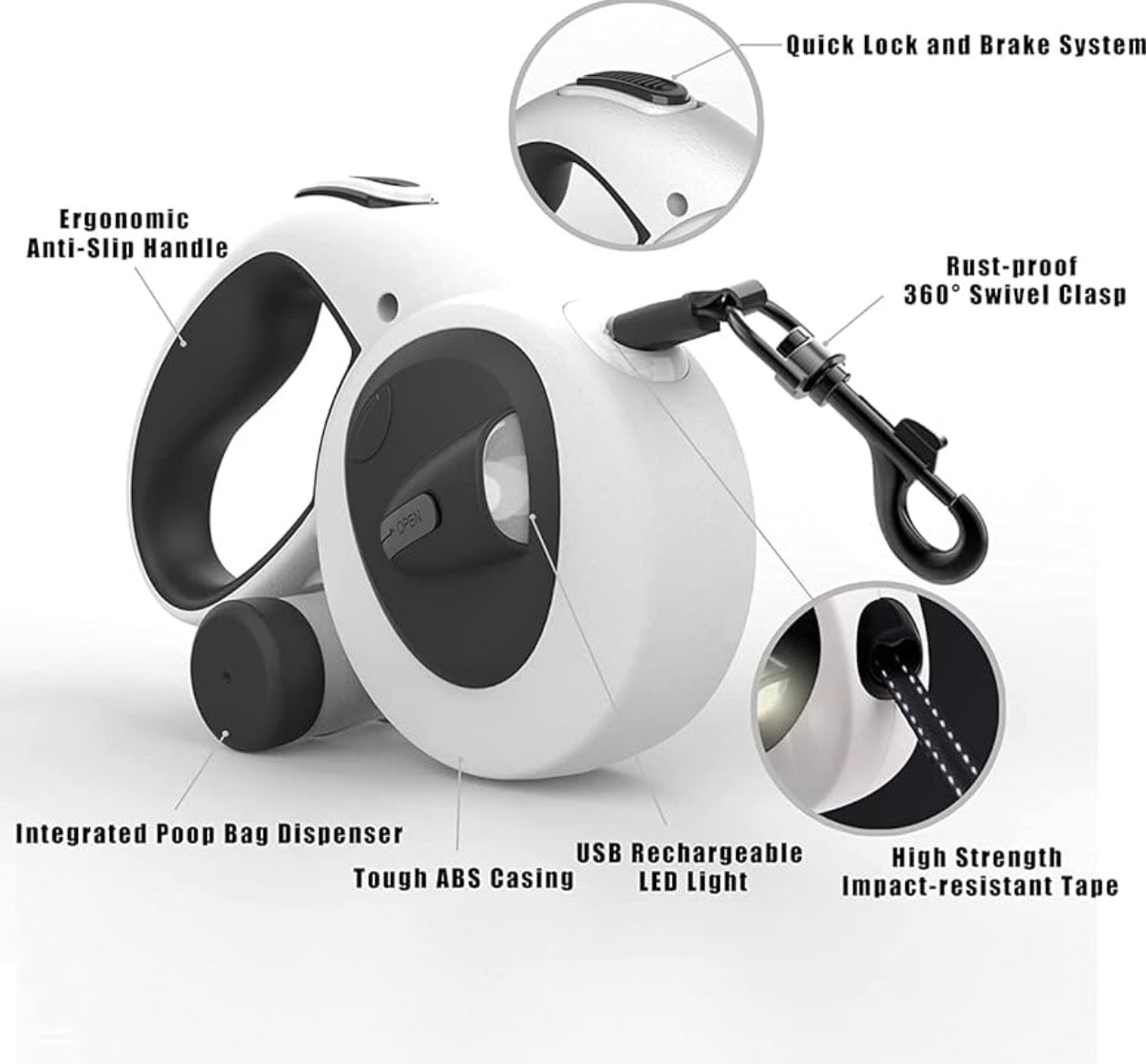 HCY&WLD Upgrade 4-in-1 Retractable Dog Leash with LED Light 16 ft Heavy Duty Dog Leash with Anti-Slip Handle for Dogs up to 44 lbs, 360° Tangle-Free, One Button Brake & Lock