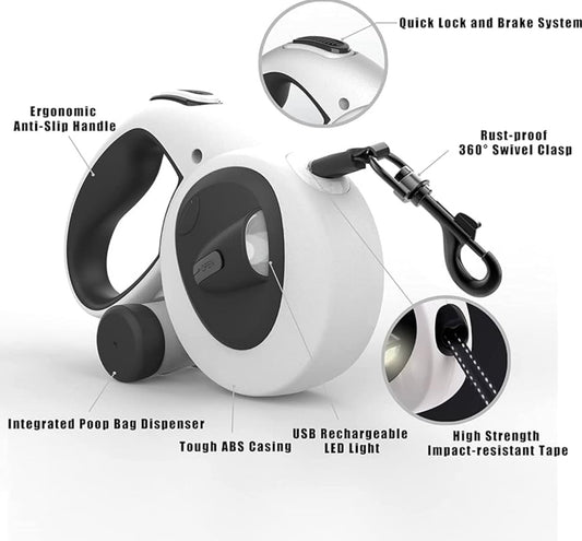 HCY&WLD Upgrade 4-in-1 Retractable Dog Leash with LED Light 16 ft Heavy Duty Dog Leash with Anti-Slip Handle for Dogs up to 44 lbs, 360° Tangle-Free, One Button Brake & Lock