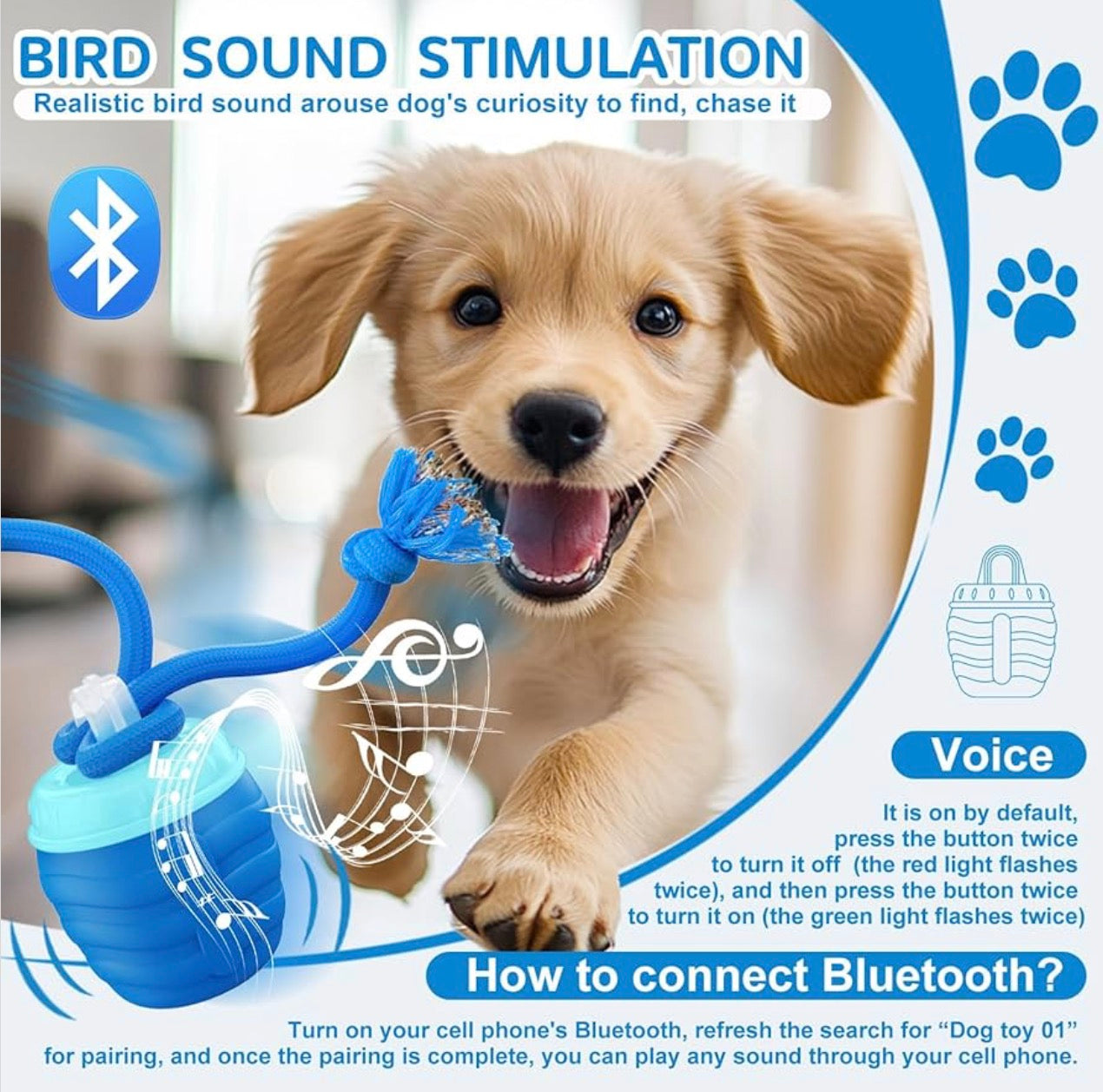 Interactive Dog Toys, Interactive Dog Ball for Medium/Large Dogs, Automatic Moving Toy for Boredom & Training, USB Rechargeable(Blue)