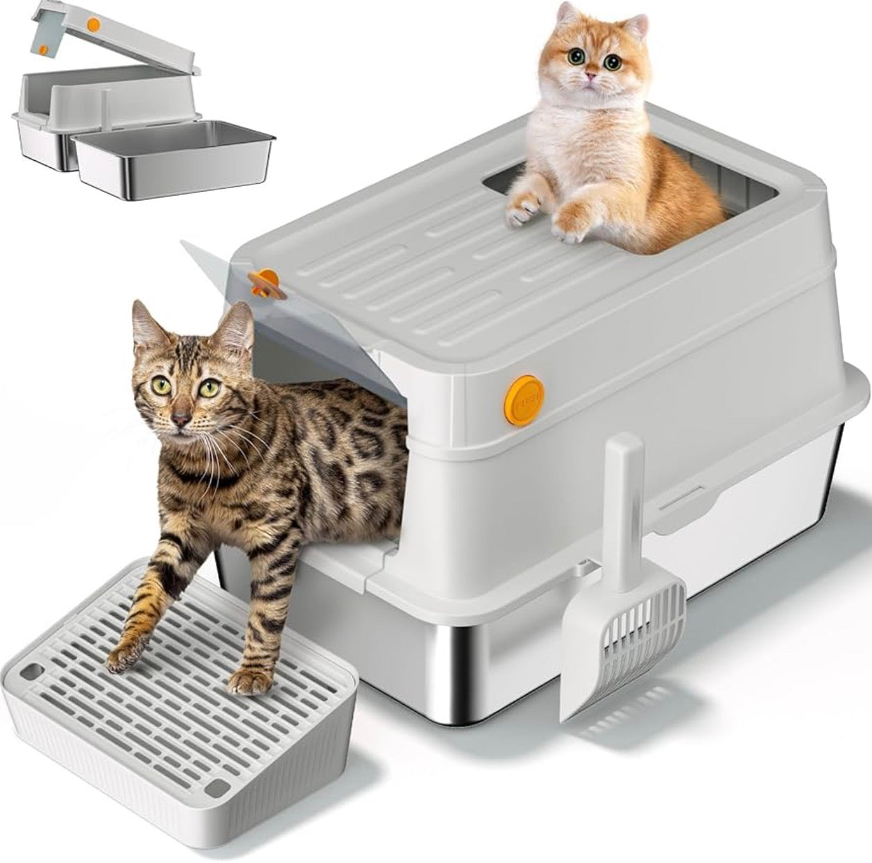 XL Stainless Steel Cat Litter Box with Easy-Open Lid, Enclosed Metal Litter Box for Big Cats, Front Entry & Top Exit, High Sided, Anti-Leak, Non-Stick, Easy to Clean, Includes Scoop