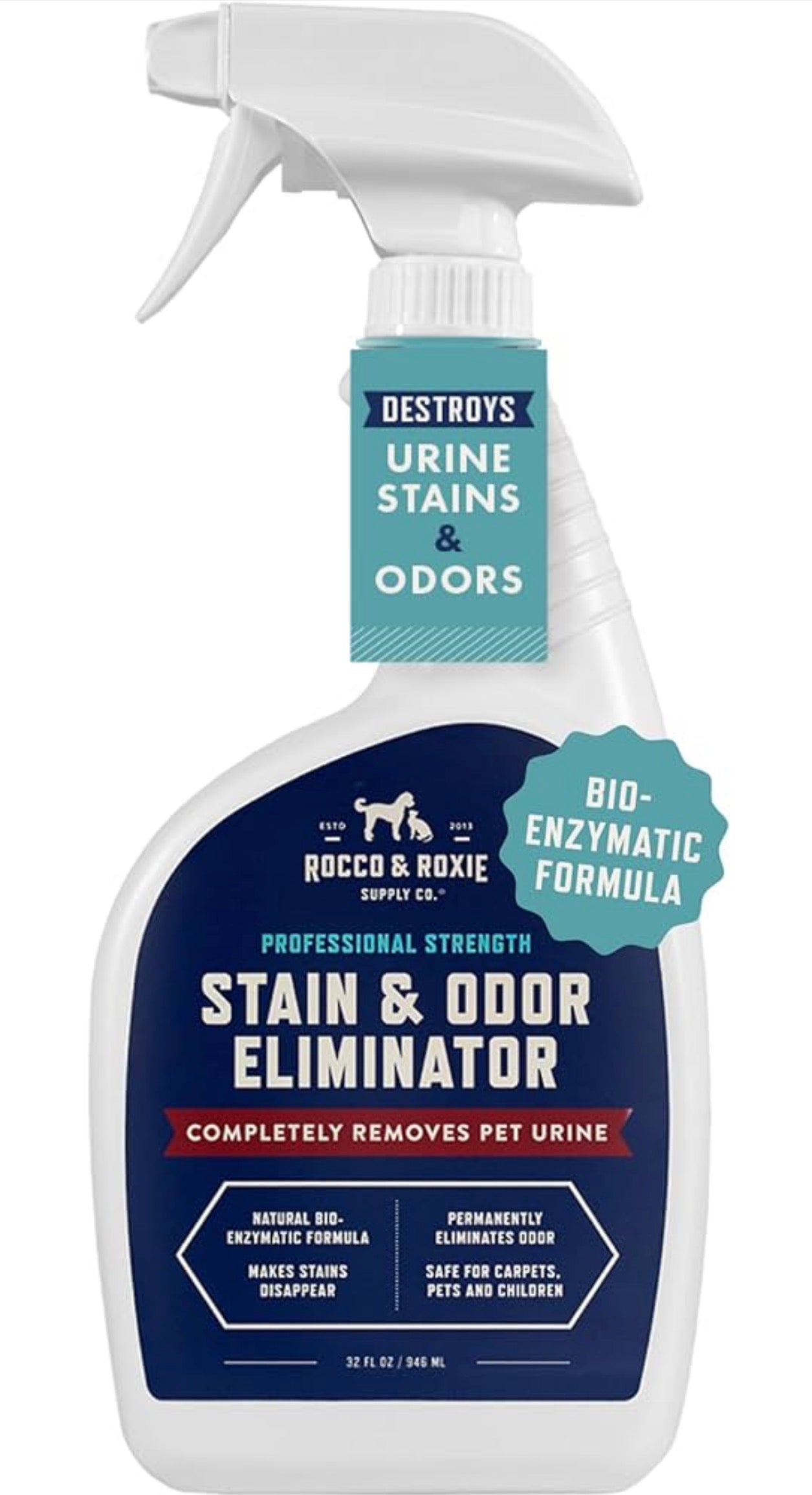 Rocco & Roxie Supply Co. Stain & Strong Odor Eliminator, Enzyme Cleaner, Pet Odor Eliminator for Home - Carpet Stain Remover for Cats & Dog Pee - Urine Destroyer - Carpet Cleaner Spray Clear, 32 Fl Oz