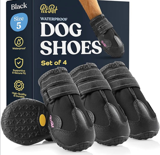 Pit pet Waterproof Dog Shoes -        Size 5: 2.44"Width 2.8"Length Stylish Designed Shoes for Dogs - Dog Boots with Non-Slip Rubber Bottom Protects Paw from Hot or Cold Pavement, Dog Booties with Reflective Straps for Dogs Safety, Puppy Shoes.