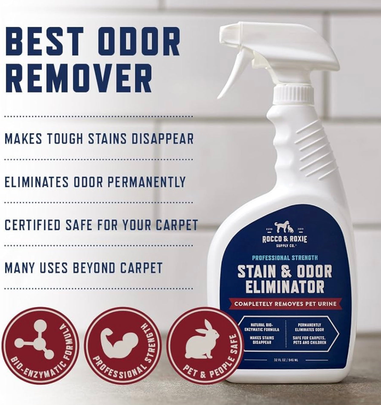 Rocco & Roxie Supply Co. Stain & Strong Odor Eliminator, Enzyme Cleaner, Pet Odor Eliminator for Home - Carpet Stain Remover for Cats & Dog Pee - Urine Destroyer - Carpet Cleaner Spray Clear, 32 Fl Oz