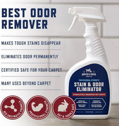 Rocco & Roxie Supply Co. Stain & Strong Odor Eliminator, Enzyme Cleaner, Pet Odor Eliminator for Home - Carpet Stain Remover for Cats & Dog Pee - Urine Destroyer - Carpet Cleaner Spray Clear, 32 Fl Oz