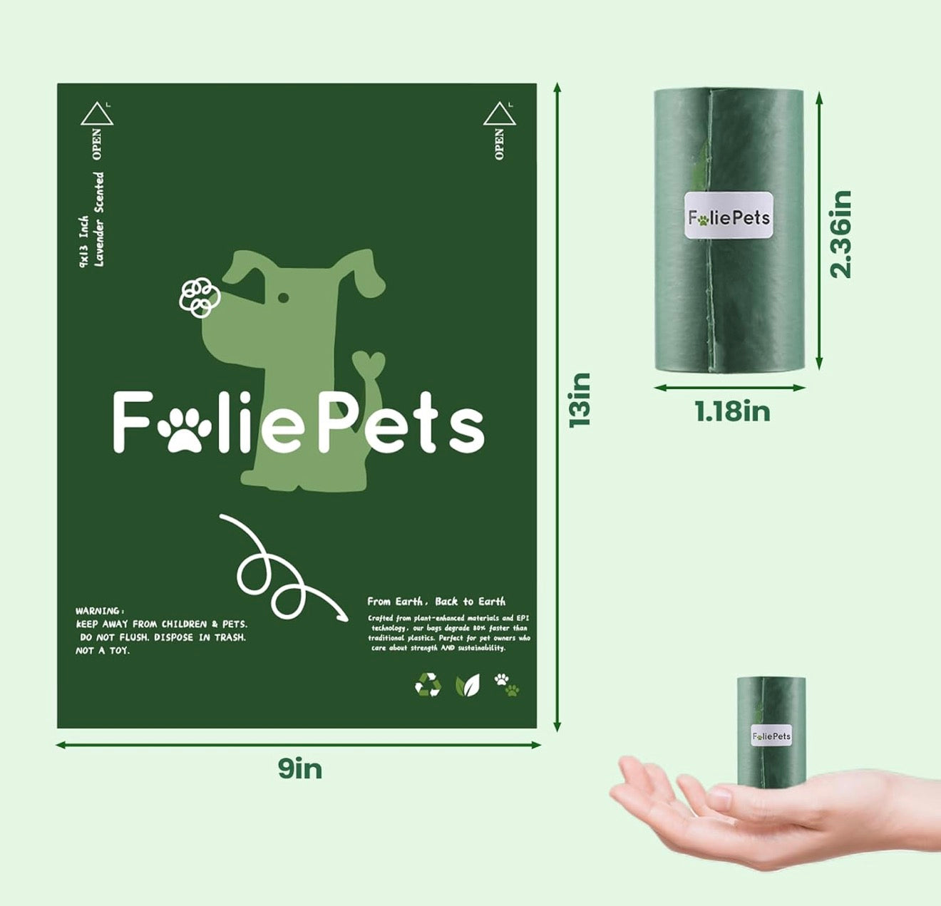 FoliePets Poop Bags for Dogs - 40% Plant-Based, Extra Thick 9x13 Inch Dog Poop Bags Rolls，Leakproof Waste Bags (270 Counts with Dispenser)