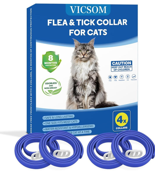 VICSOM 4 Pack Flea Collar for Cats, Cat Flea and Tick Collar 8 Months Prevention Cat Flea and Tick Treatment, Waterproof Adjustable Cat Flea Collar, Natural Anti Tick and Flea Collar for Kitten