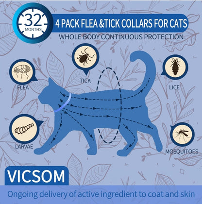 VICSOM 4 Pack Flea Collar for Cats, Cat Flea and Tick Collar 8 Months Prevention Cat Flea and Tick Treatment, Waterproof Adjustable Cat Flea Collar, Natural Anti Tick and Flea Collar for Kitten