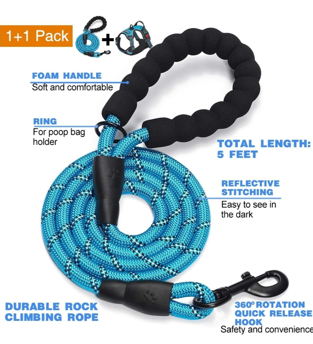 tobeDRI No Pull Dog Harness Adjustable Reflective Oxford Easy Control Medium Large Dog Harness with A Free Heavy Duty 5ft Dog Leash (S (Neck: 13"-18", Chest: 17.5"-22"), Blue Harness+Leash)