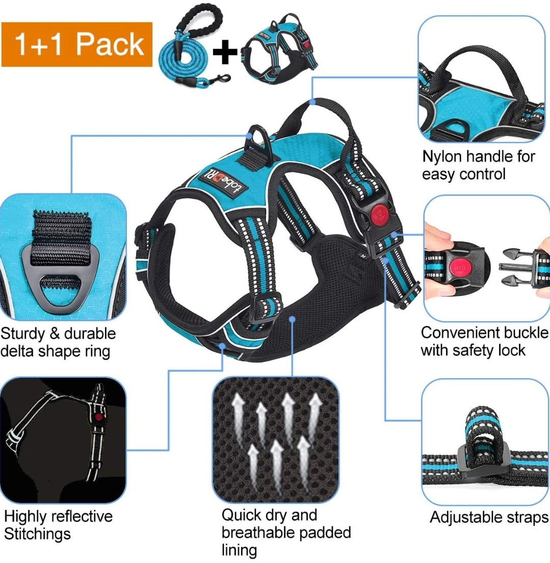 tobeDRI No Pull Dog Harness Adjustable Reflective Oxford Easy Control Medium Large Dog Harness with A Free Heavy Duty 5ft Dog Leash (S (Neck: 13"-18", Chest: 17.5"-22"), Blue Harness+Leash)