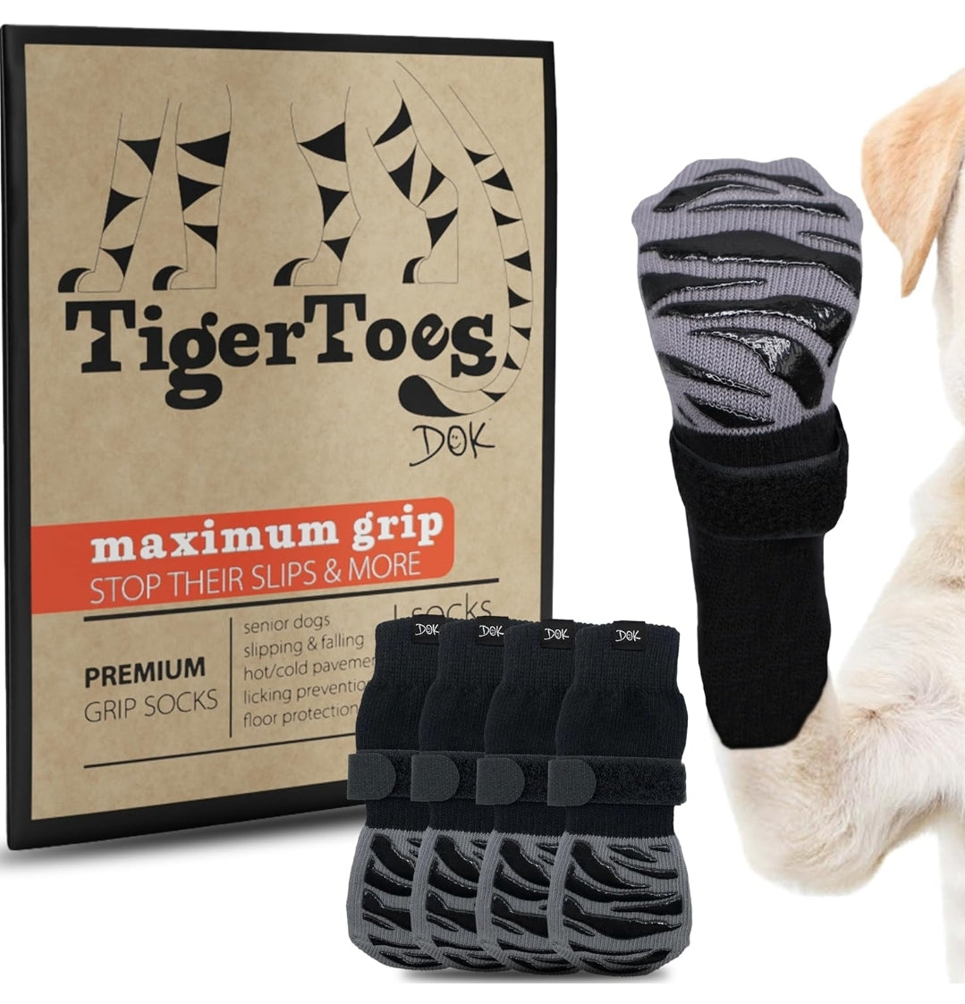 DOK TigerToes Premium Non-Slip Dog Socks for Hardwood Floors - Extra-Thick Grip That Works Even When Twisted - Prevents Licking, Slipping, and Great for Dog Paw Protection - Size Medium