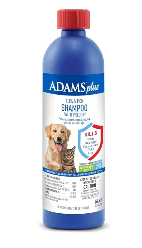 Adams Plus Flea & Tick Shampoo with Precor for Cats, Kittens, Dogs & Puppies Over 12 Weeks Of Age Sensitive Skin Flea Treatment | Kills Adult Fleas, Flea Eggs, Ticks, and Lice| 12 Ounces