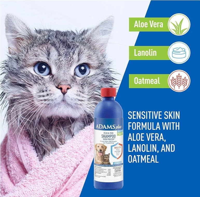 Adams Plus Flea & Tick Shampoo with Precor for Cats, Kittens, Dogs & Puppies Over 12 Weeks Of Age Sensitive Skin Flea Treatment | Kills Adult Fleas, Flea Eggs, Ticks, and Lice| 12 Ounces