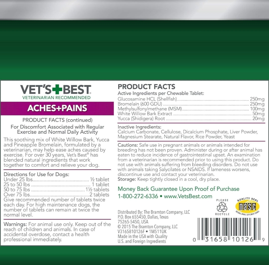 Vet’s Best Aches + Pains Dog Supplement - Vet Formulated for Dog Occasional Discomfort and Hip and Joint Support - 150 Count (Pack of 1)