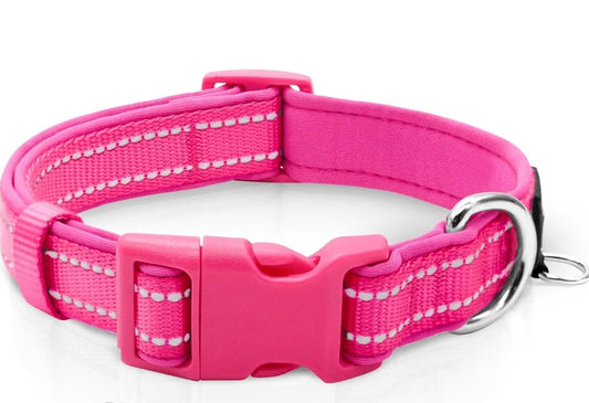 azuza Reflective Dog Collar , Soft Neoprene Padded Pet Collar with ID Tag Ring, Adjustable for Small Dogs,Hot Pink,S