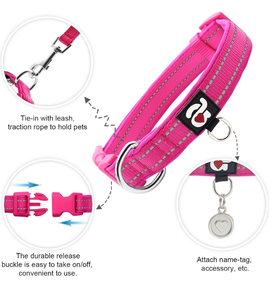 azuza Reflective Dog Collar , Soft Neoprene Padded Pet Collar with ID Tag Ring, Adjustable for Small Dogs,Hot Pink,S