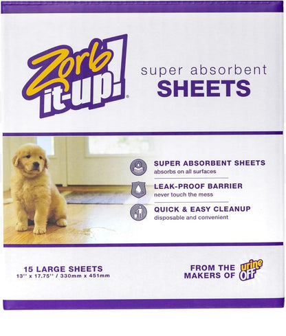 Zorb It–Up! Super Absorbing Sheets |Leakproof Disposable Wipes for Cleaning Dog Urine, Vomit & All Liquid Messes | 15 Count