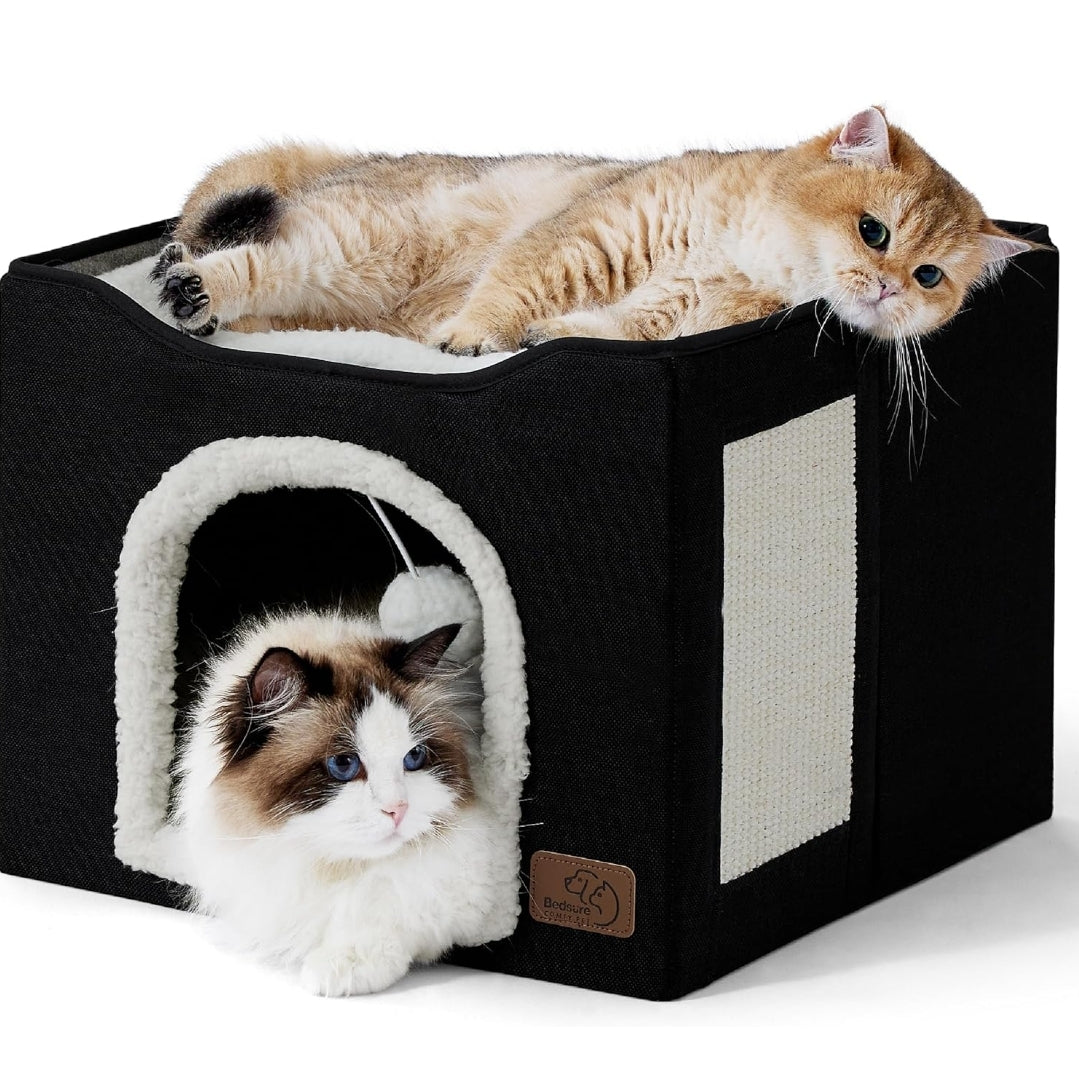 Bedsure Cat Beds for Indoor Cats - Large Cat Cave for Pet Cat House with Fluffy Ball Hanging and Scratch Pad, Foldable Cat Hideaway,16.5x16.5x13 inches, Black