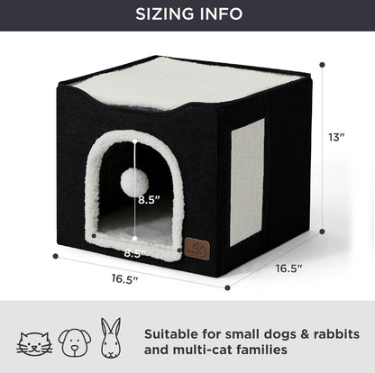 Bedsure Cat Beds for Indoor Cats - Large Cat Cave for Pet Cat House with Fluffy Ball Hanging and Scratch Pad, Foldable Cat Hideaway,16.5x16.5x13 inches, Black