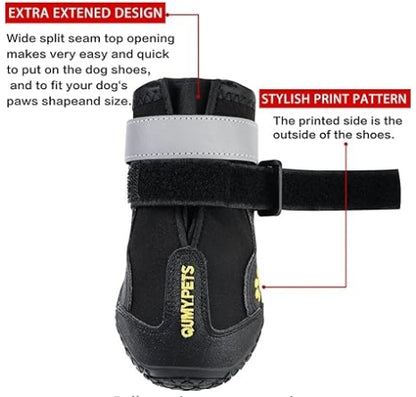 QUMY Dog Shoes for Large Dogs, Medium Dog Boots & Paw Protectors for Winter Snowy Day, Summer Hot Pavement, Waterproof in Rainy Weather, Outdoor Walking, Indoor Hard floors Anti Slip Sole Black available in Sizes 5,3,4, and 2