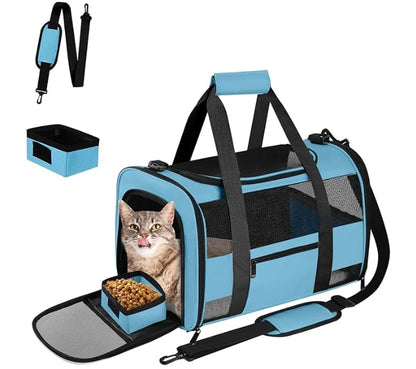 Airline Approved Pet Carrier  for Cats & Dogs, Expandable Collapsible Cat Carrier with Breathable Mesh & Safety Leash, Portable Dog Travel Carrier for Hiking/Car/Train Blue