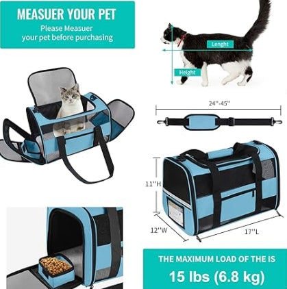 Airline Approved Pet Carrier  for Cats & Dogs, Expandable Collapsible Cat Carrier with Breathable Mesh & Safety Leash, Portable Dog Travel Carrier for Hiking/Car/Train Blue