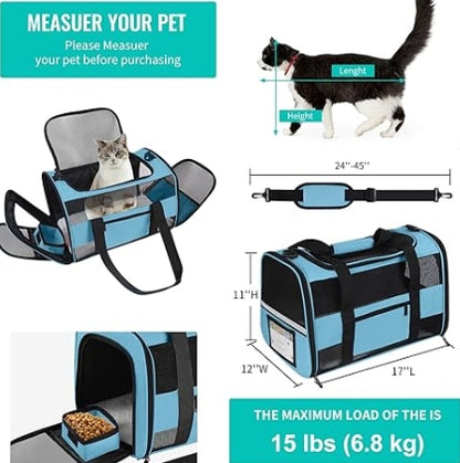 Airline Approved Pet Carrier  for Cats & Dogs, Expandable Collapsible Cat Carrier with Breathable Mesh & Safety Leash, Portable Dog Travel Carrier for Hiking/Car/Train Blue