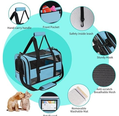 Airline Approved Pet Carrier  for Cats & Dogs, Expandable Collapsible Cat Carrier with Breathable Mesh & Safety Leash, Portable Dog Travel Carrier for Hiking/Car/Train Blue